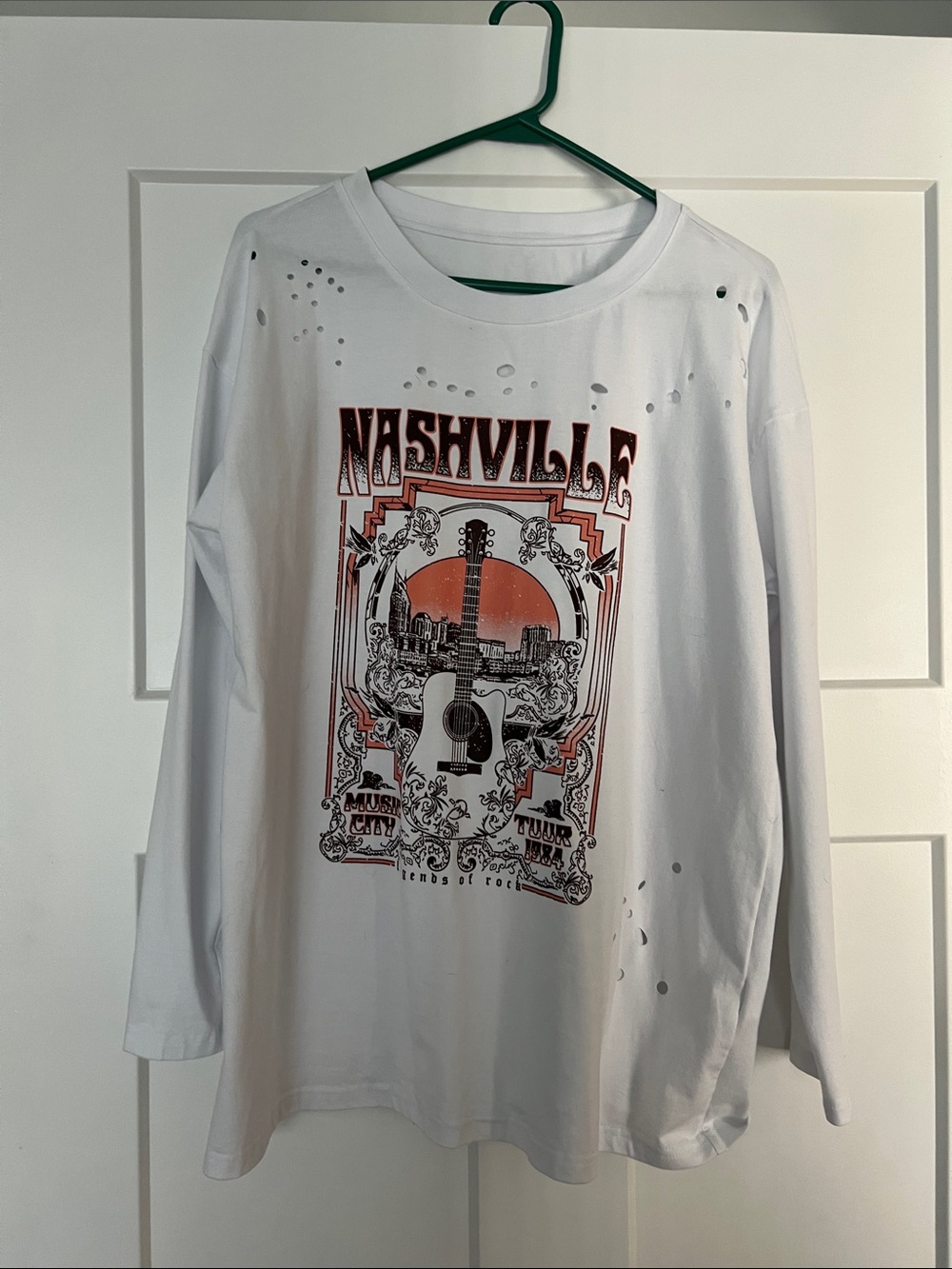 Nashville Graphic Long Sleeve Tee - White with Orange and Black Print